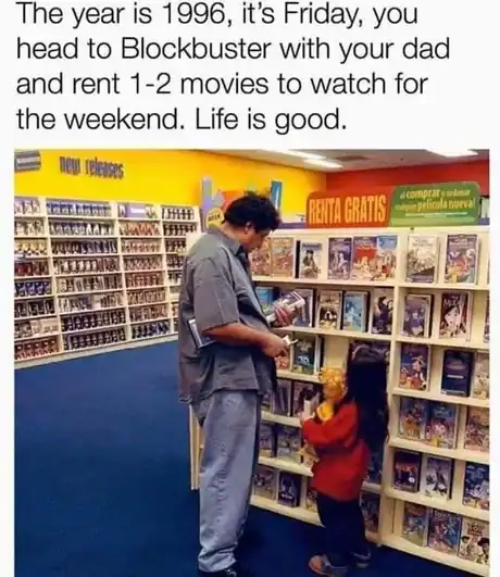 Nostalgic 1996 Friday Blockbuster meme with father and daughter browsing VHS new releases