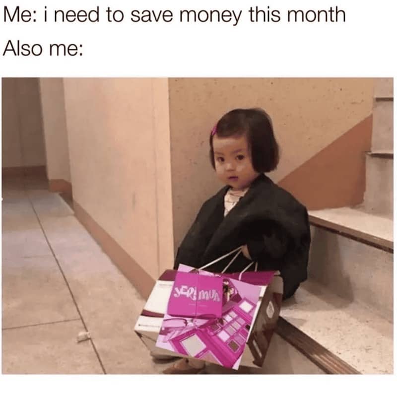 Small child in oversized coat carrying shopping bag meme joking about saving money versus shopping