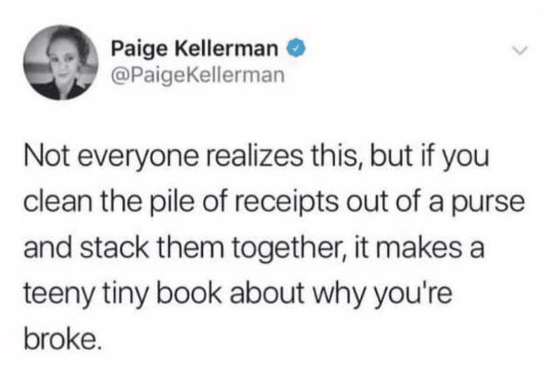 Paige Kellerman tweet joking stacked purse receipts form tiny book about why you're broke