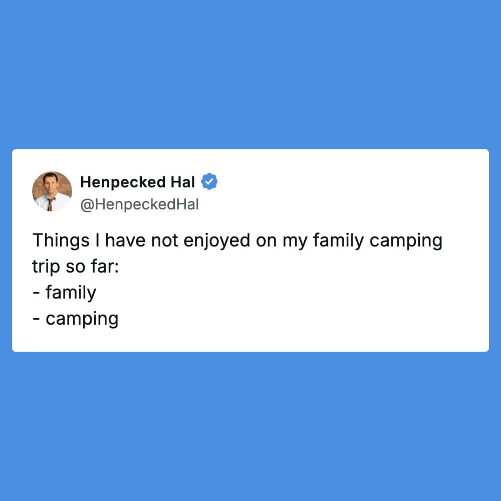 Tweet listing things not enjoyed on a family camping trip: family and camping itself.