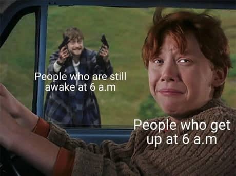 Can't sleep meme showing Ron Weasley crying about early mornings versus Harry Potter meme format