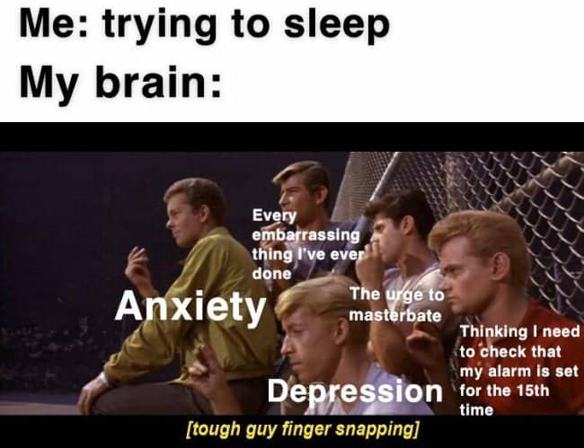 Can't sleep meme showing brain filled with anxiety, embarrassing memories, and depression at bedtime