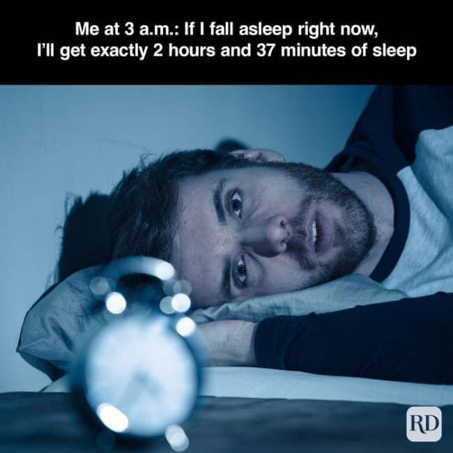Can't sleep meme of man staring at alarm clock calculating precise remaining hours until morning
