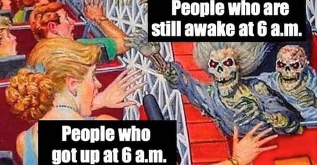 Rollercoaster skeletons can't sleep meme comparing people awake at 6 am to early risers