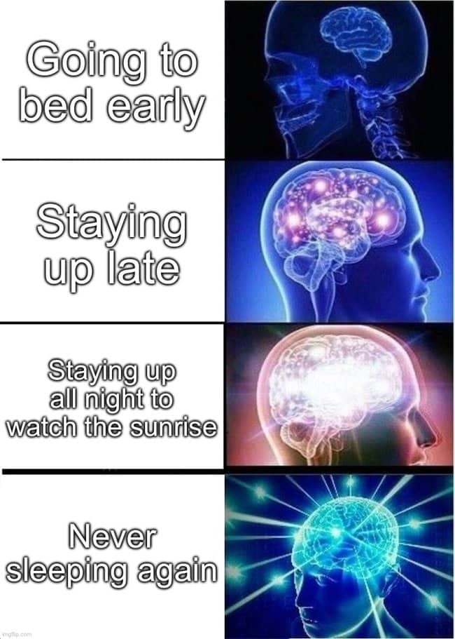 Expanding brain can't sleep meme escalating from going to bed early to never sleeping again