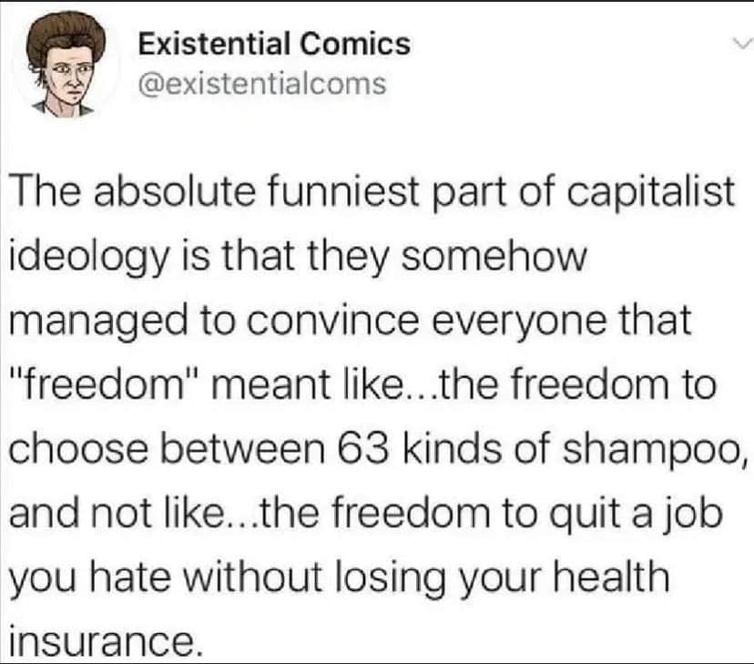 Existential Comics tweet mocking capitalist freedom as 63 shampoo choices rather than quitting hated jobs freely.