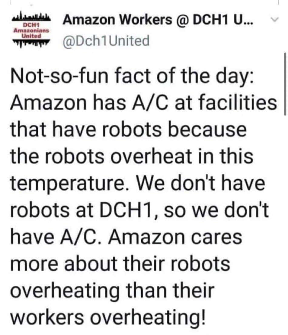 Amazon Workers United tweet explaining facility has AC for robots but not for human warehouse employees.