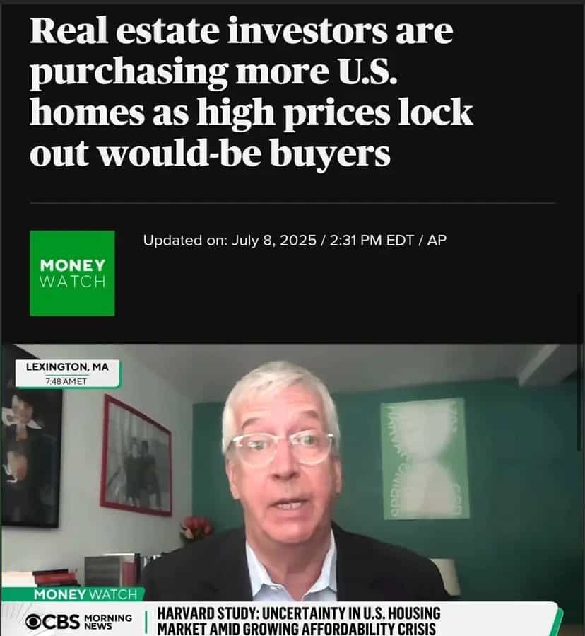 CBS Money Watch headline about real estate investors buying more US homes as regular buyers priced out.