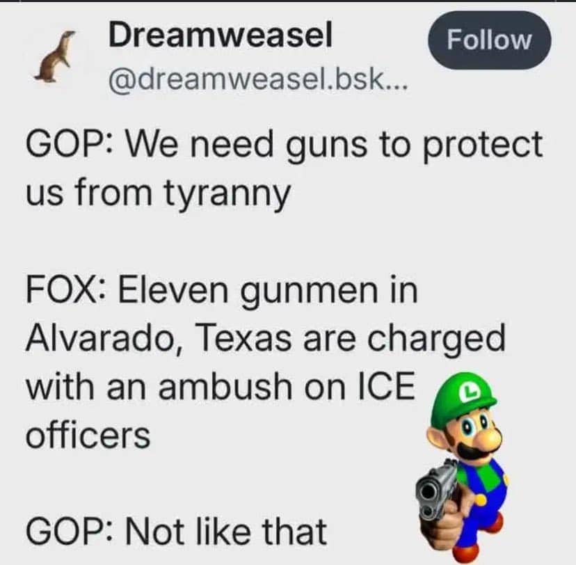 Dreamweasel tweet mocking GOP contradiction between tyranny gun rhetoric and response to ICE ambush charges.