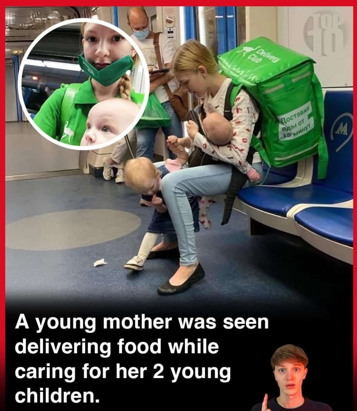 Russian delivery worker photo showing young mother carrying baby and toddler while working food delivery shifts.