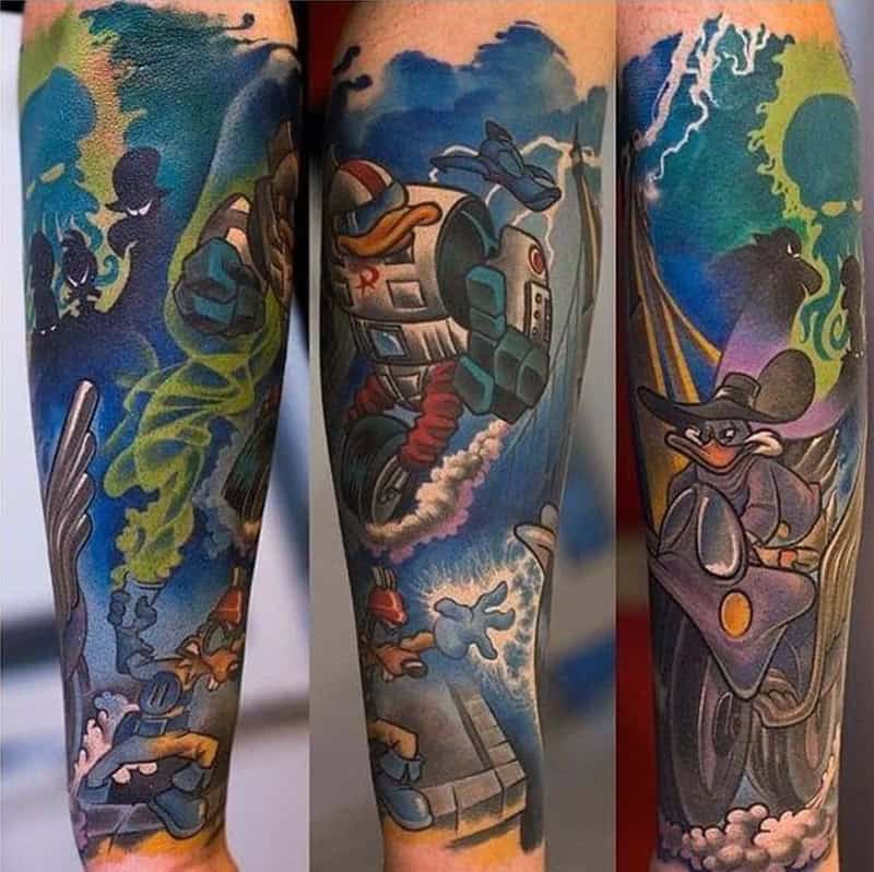 Vibrant Darkwing Duck and Gizmoduck cartoon tattoo sleeve with colorful action scene background