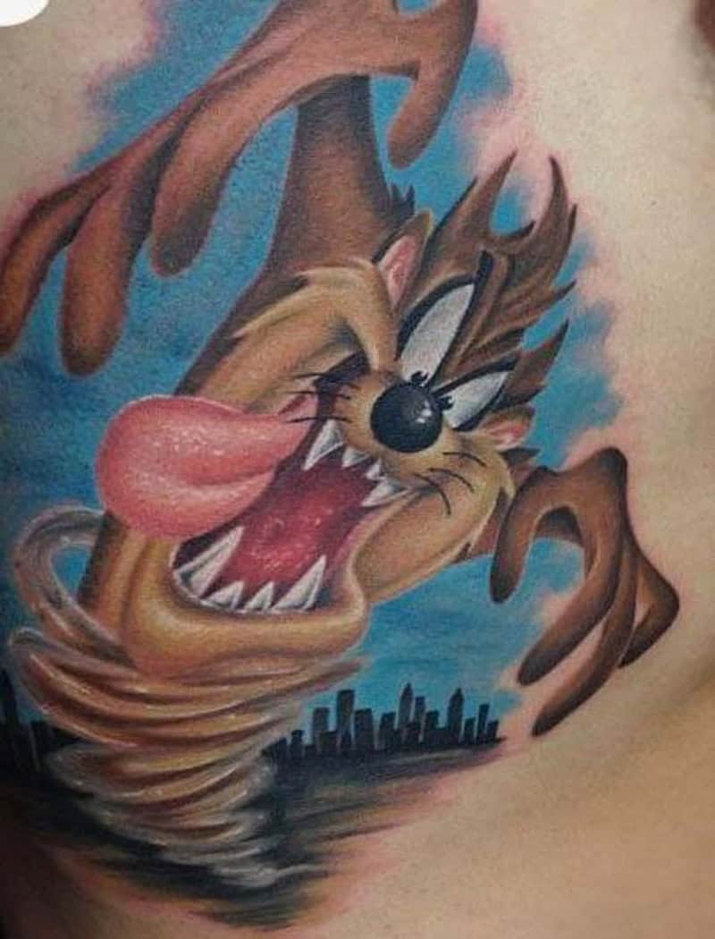 Highly detailed Looney Tunes Tasmanian Devil spinning tornado tattoo on chest with city skyline