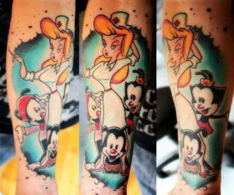 Animaniacs cartoon tattoo sleeve featuring Yakko Wakko Dot and Hello Nurse in vivid color