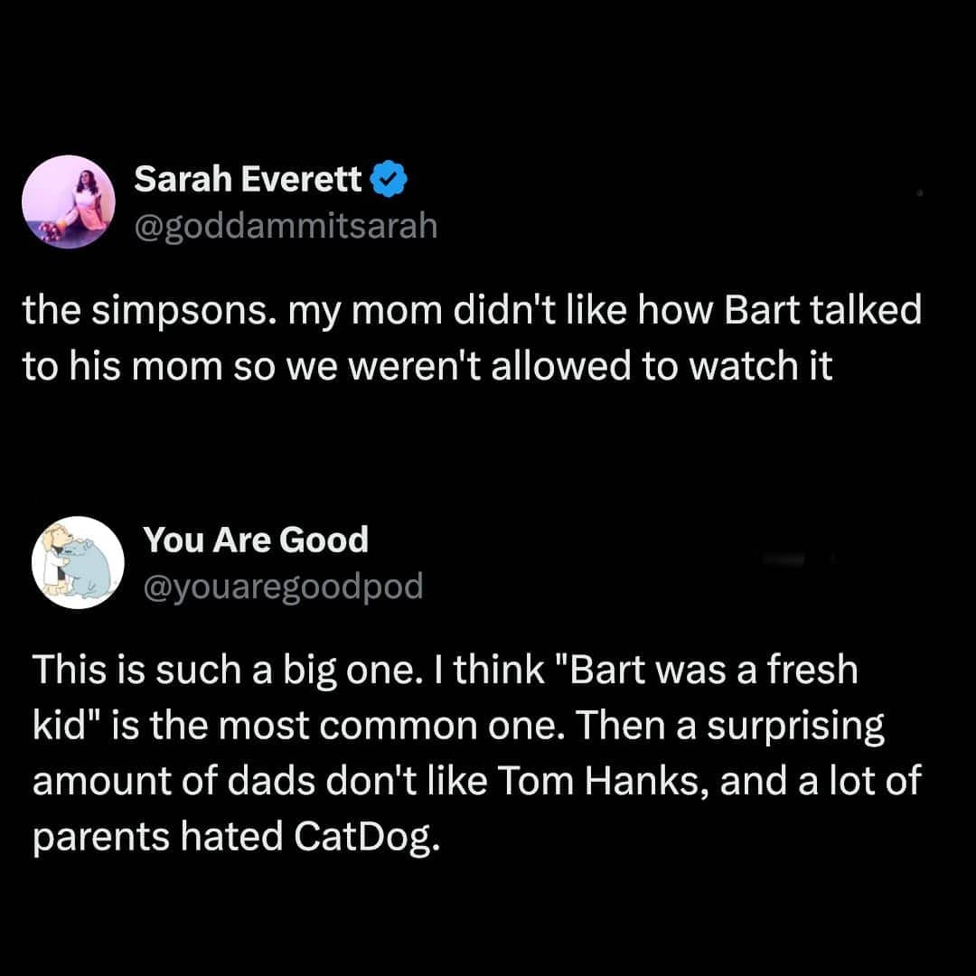 Tweet thread about parents banning The Simpsons because Bart Simpson was disrespectful to his mom