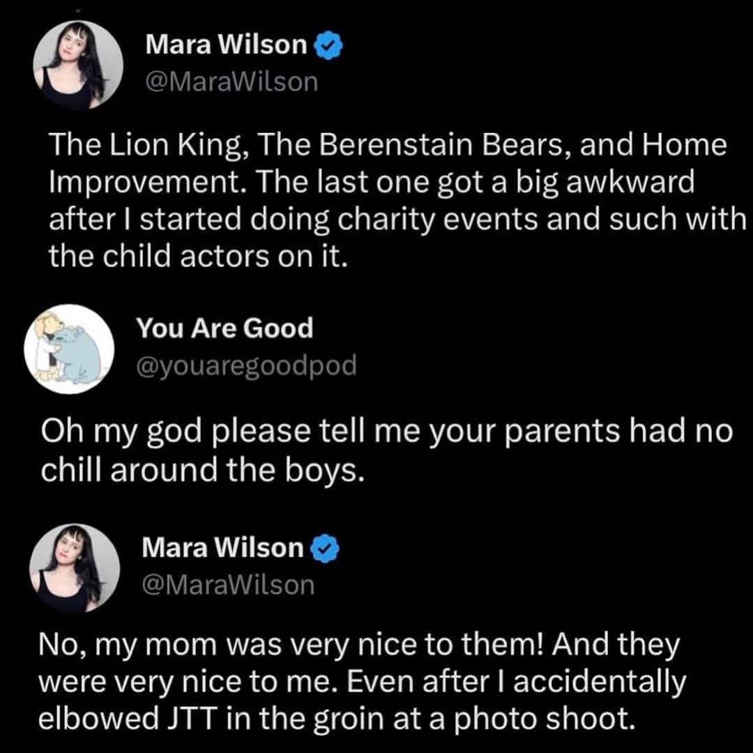 Mara Wilson tweet thread about parents banning Lion King and Home Improvement plus accidentally elbowing JTT