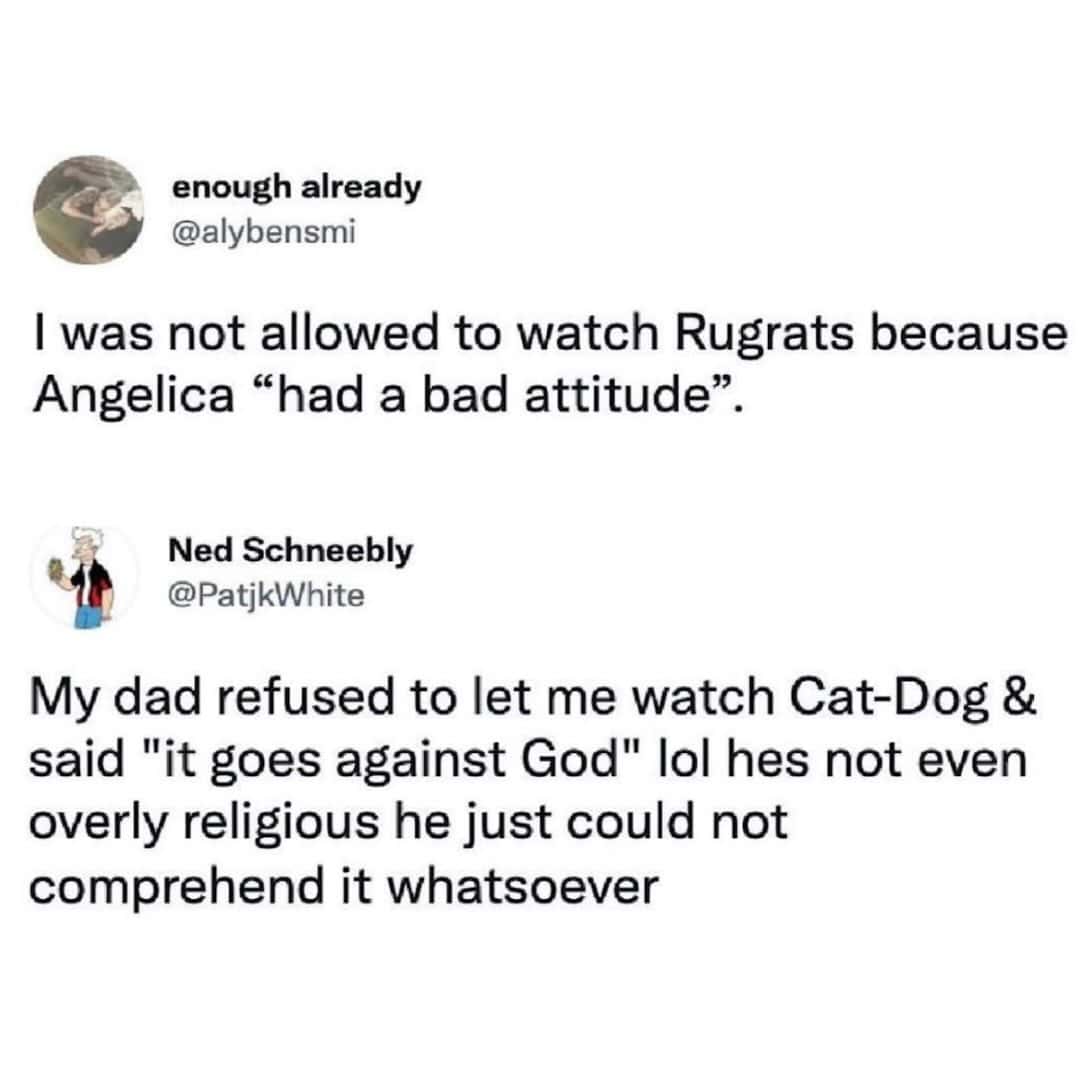 Tweet thread about parents banning Rugrats over Angelica's attitude and CatDog being declared against God