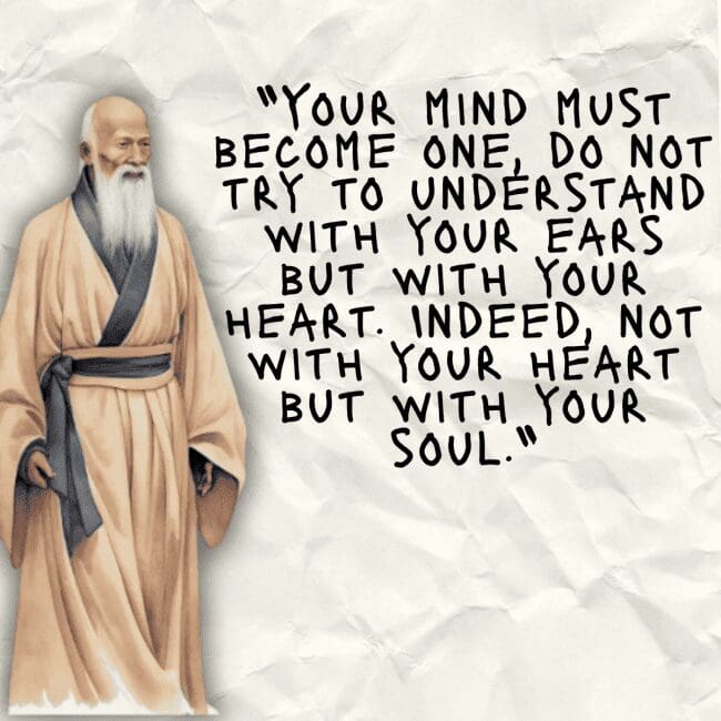 Full-length depiction of an elderly philosopher on crumpled paper with a quote about the soul.