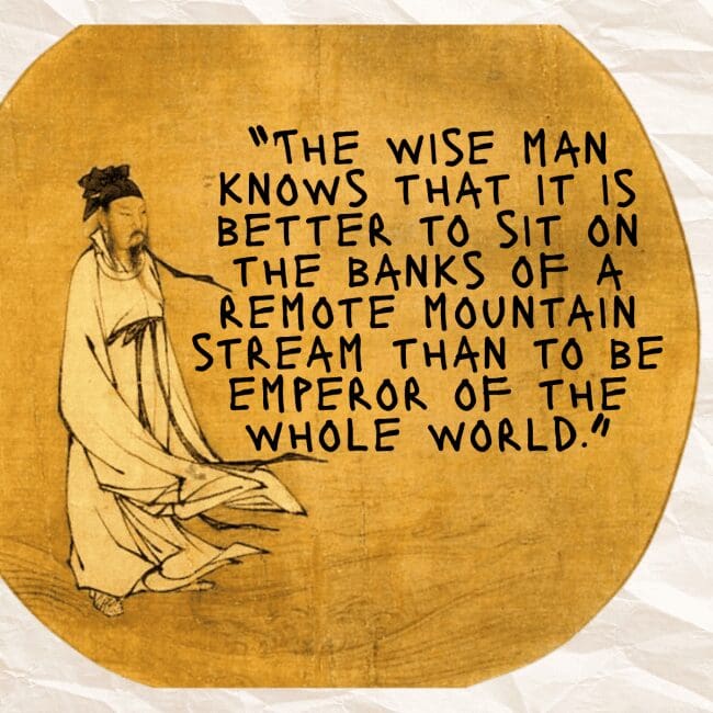 Illustration of a Chinese philosopher walking by a stream with a quote about mountain streams.