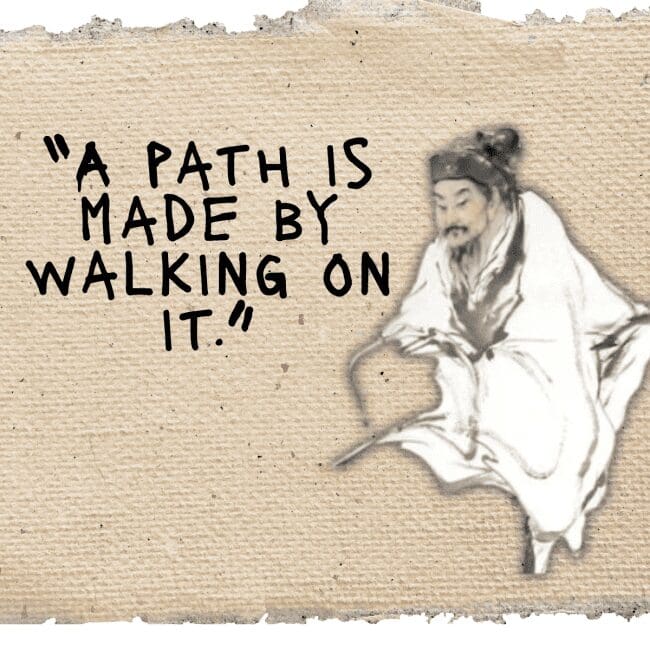 Ink wash painting style depiction of a philosopher with a quote about paths and walking.