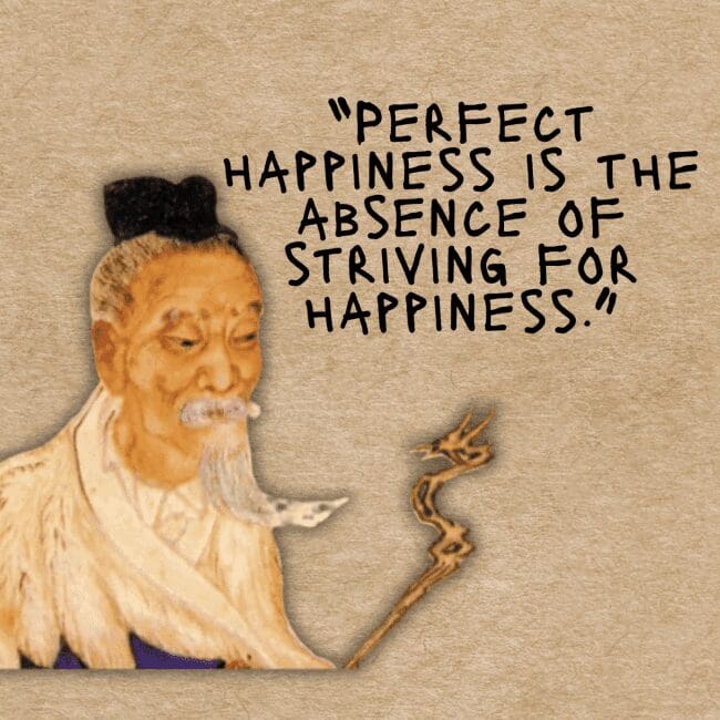 Portrait of a philosopher with a long white beard and a quote regarding perfect happiness.