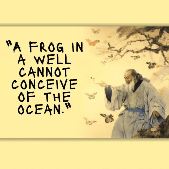 Yellow background with a philosopher surrounded by butterflies and a quote about a frog.
