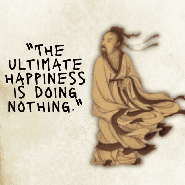 : Artistic rendering of a figure in flowing robes with a quote about doing nothing.