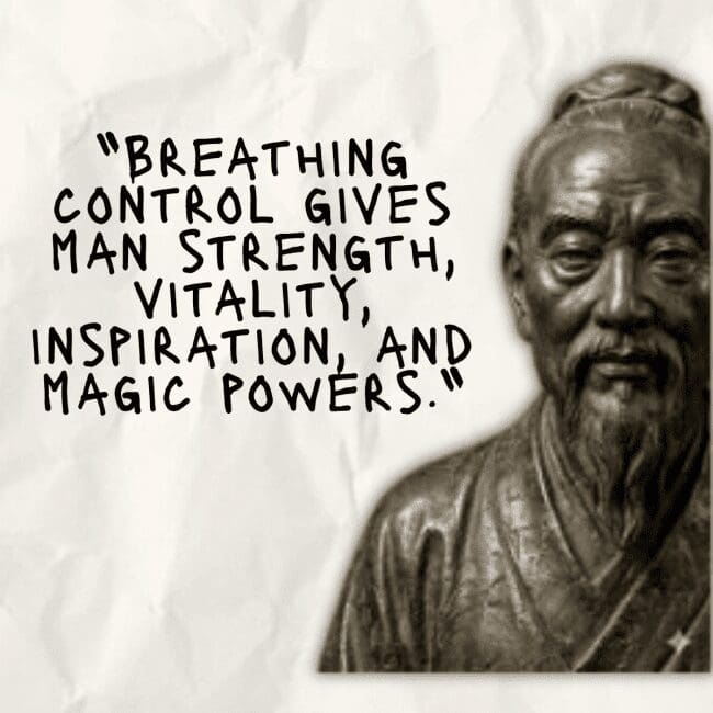 Bronze-style bust of a philosopher with a quote about breathing control and vitality.