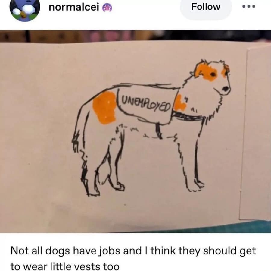 A quirky classic meme featuring a simple pen sketch of a dog wearing a service vest that says "UNEMPLOYED." The caption argues that dogs without jobs should still get to wear stylish little vests to feel included.
