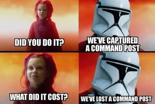 A gaming-themed classic meme using the Avengers: Infinity War dialogue template. A young Gamora asks a Star Wars Clone Trooper if he did it and what it cost; the trooper responds that they captured a command post but subsequently lost a command post, satirizing the repetitive nature of Star Wars Battlefront gameplay.