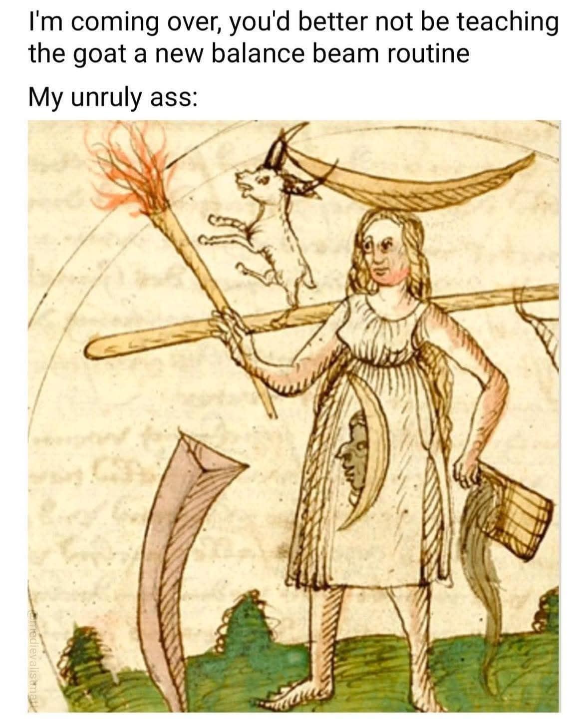 A hilarious classic meme utilizing bizarre medieval manuscript art. The illustration depicts a woman in a tunic holding a flaming torch and a bucket while a goat balances precariously on a long wooden beam resting on her shoulders. The text jokes about an "unruly" friend ignoring warnings and teaching their goat a gymnastics routine anyway.