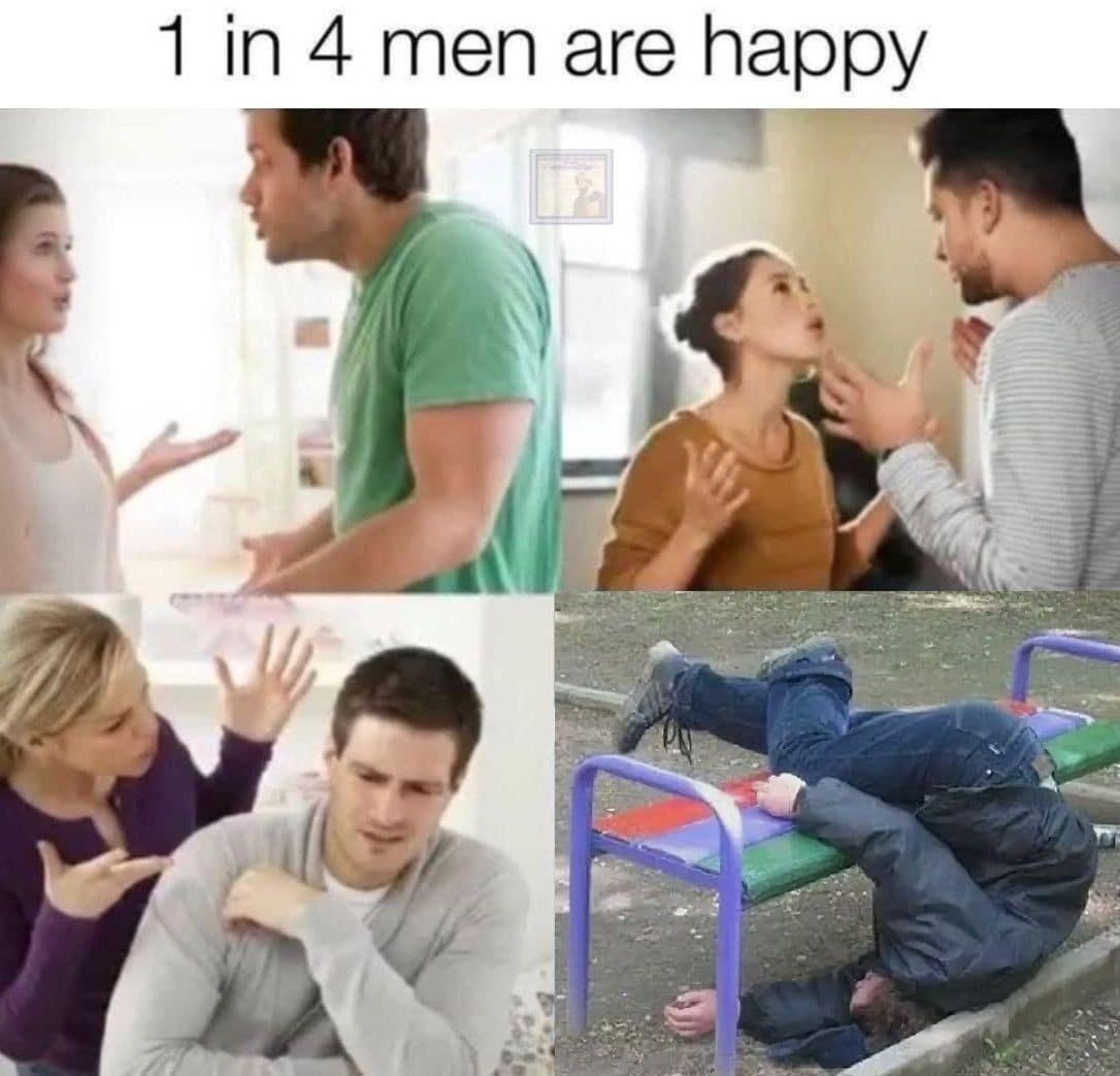 classic meme featuring a four-panel grid titled "1 in 4 men are happy." The first three panels show various couples in the middle of heated, miserable arguments. The fourth panel shows the "happy" man: an individual wearing a winter jacket who has somehow managed to fold himself completely upside-down and face-first under a park bench, appearing peacefully unconscious or transcendent.