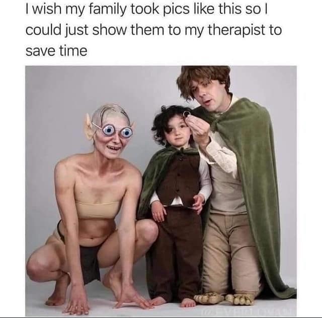 classic meme showing a family studio portrait where the family is cosplaying characters from The Lord of the Rings. The father is Samwise Gamgee holding the One Ring, the toddler is Frodo Baggins, and the mother is crouched in a loincloth and pasties with prosthetic ears and giant bulging eyes, looking like a terrifyingly realistic Gollum.