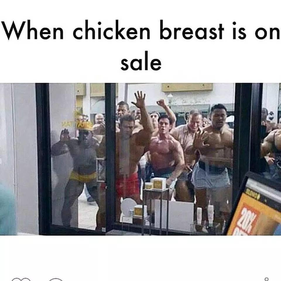 classic meme showing a crowd of massive, shirtless bodybuilders eagerly pressing their bodies against a locked glass storefront, captioned "When chicken breast is on sale."