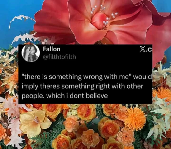 A misanthropic yet empowering internet meme tweet by Fallon (@filthtofilth) set against a backdrop of orange flowers. It reads: "'there is something wrong with me' would imply theres something right with other people. which i dont believe."