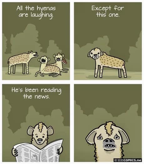 A dark four-panel classic meme comic. It notes that all hyenas are known for "laughing," but one specific hyena is shown looking deeply traumatized and frowning. The reveal in the third panel shows the hyena holding a newspaper, with the final panel zooming in on his look of existential dread.