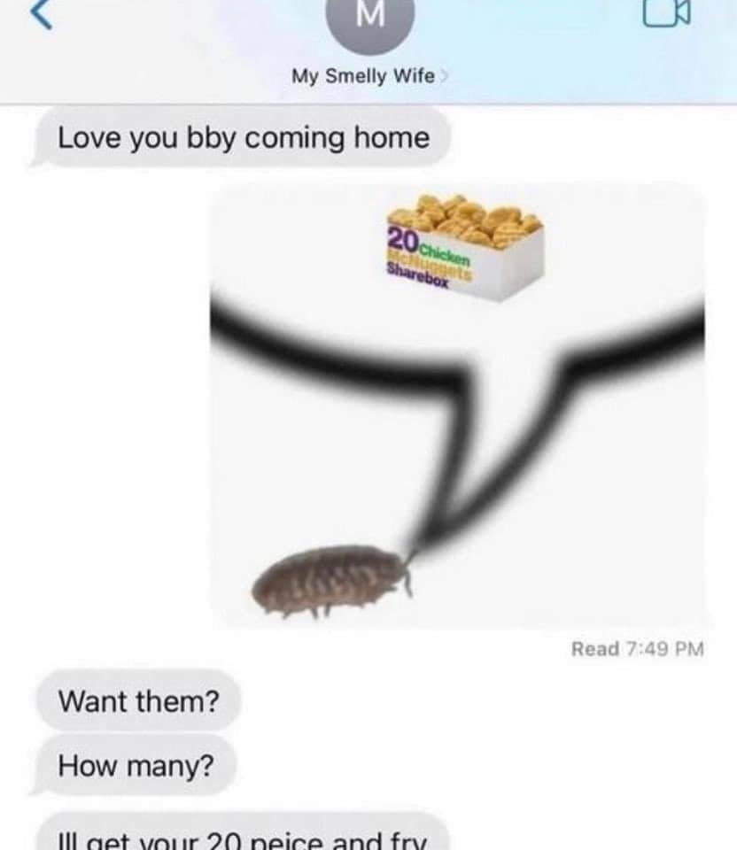 A text message thread with "My Smelly Wife" featuring a chaotic edit of the "Is this a pigeon?" meme. A tiny woodlouse (pill bug) is pictured with a giant speech bubble pointing to a McDonald’s 20-piece McNugget box. The messages show a supportive partner offering to bring home the nuggets and fries.
