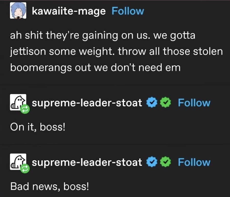 classic meme screenshot of a Tumblr thread by kawaiite-mage. The user jokes about needing to jettison weight from a pursuing group by throwing out stolen boomerangs. The user supreme-leader-stoat replies "On it, boss!" followed by "Bad news, boss!" implying the boomerangs have already returned.