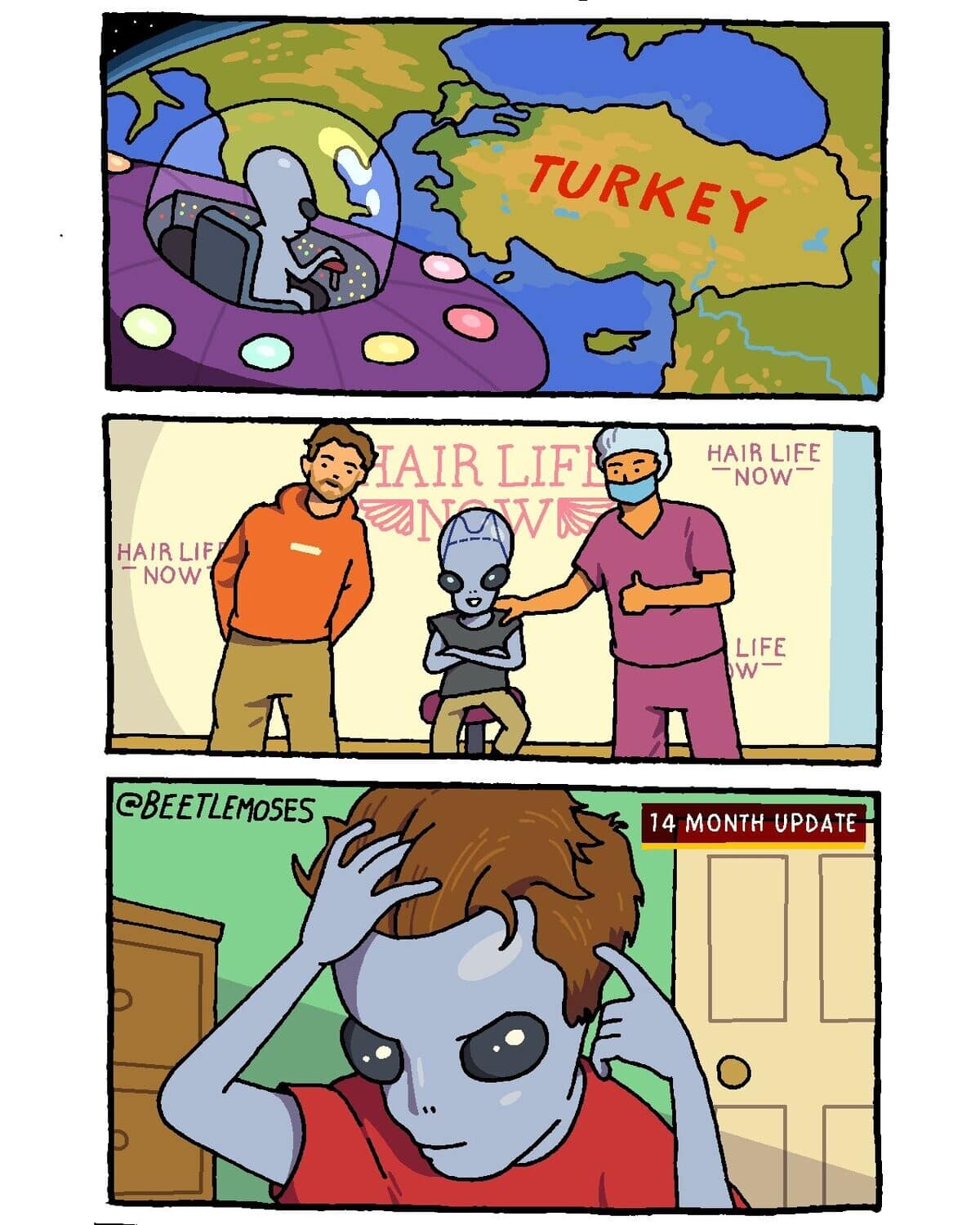 three-panel comic by BeetleMoses depicting an alien flying over Turkey in a UFO. The alien visits a "Hair Life Now" clinic and, in a "14-month update," is shown with a full, luxurious head of human hair, spoofing the global trend of hair transplant tourism.