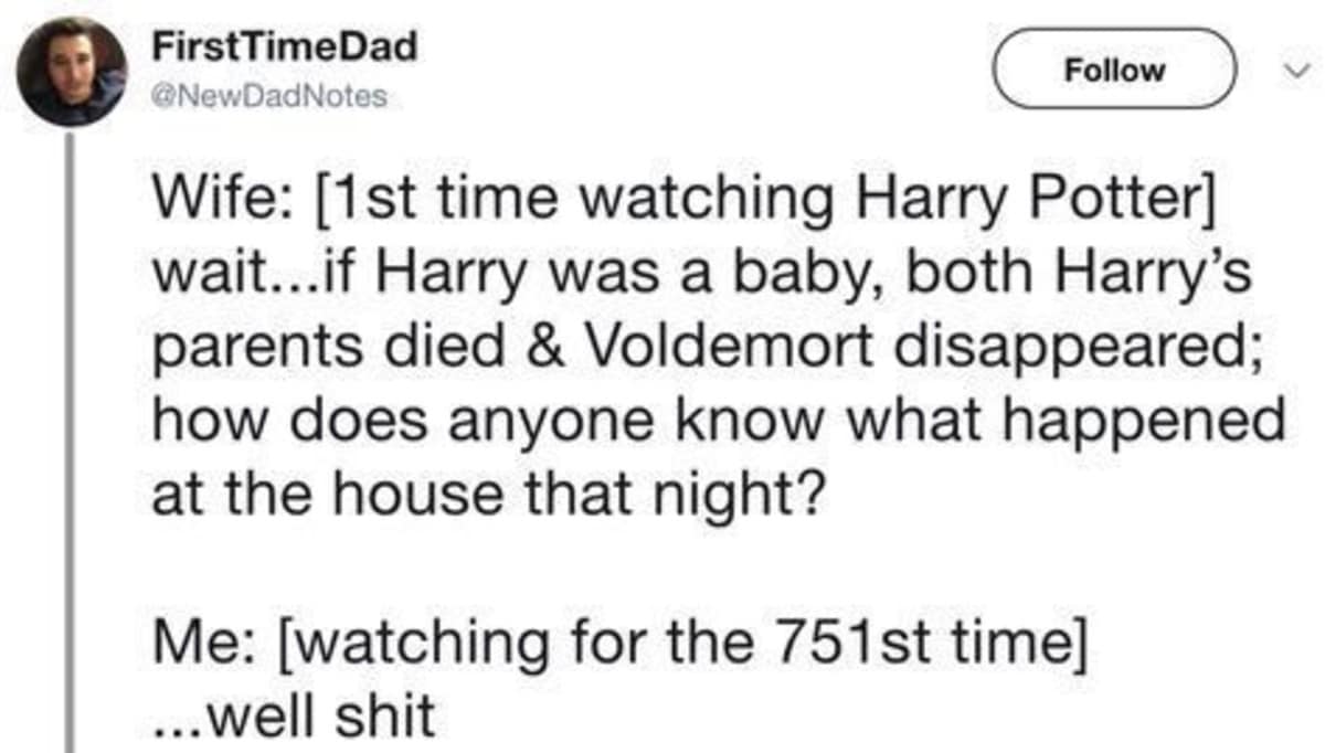 A classic meme tweet from FirstTimeDad that shatters the logic of the Harry Potter franchise. His wife points out that if everyone died or disappeared the night Harry got his scar, there was technically no one left to tell the story of what actually happened in that room.