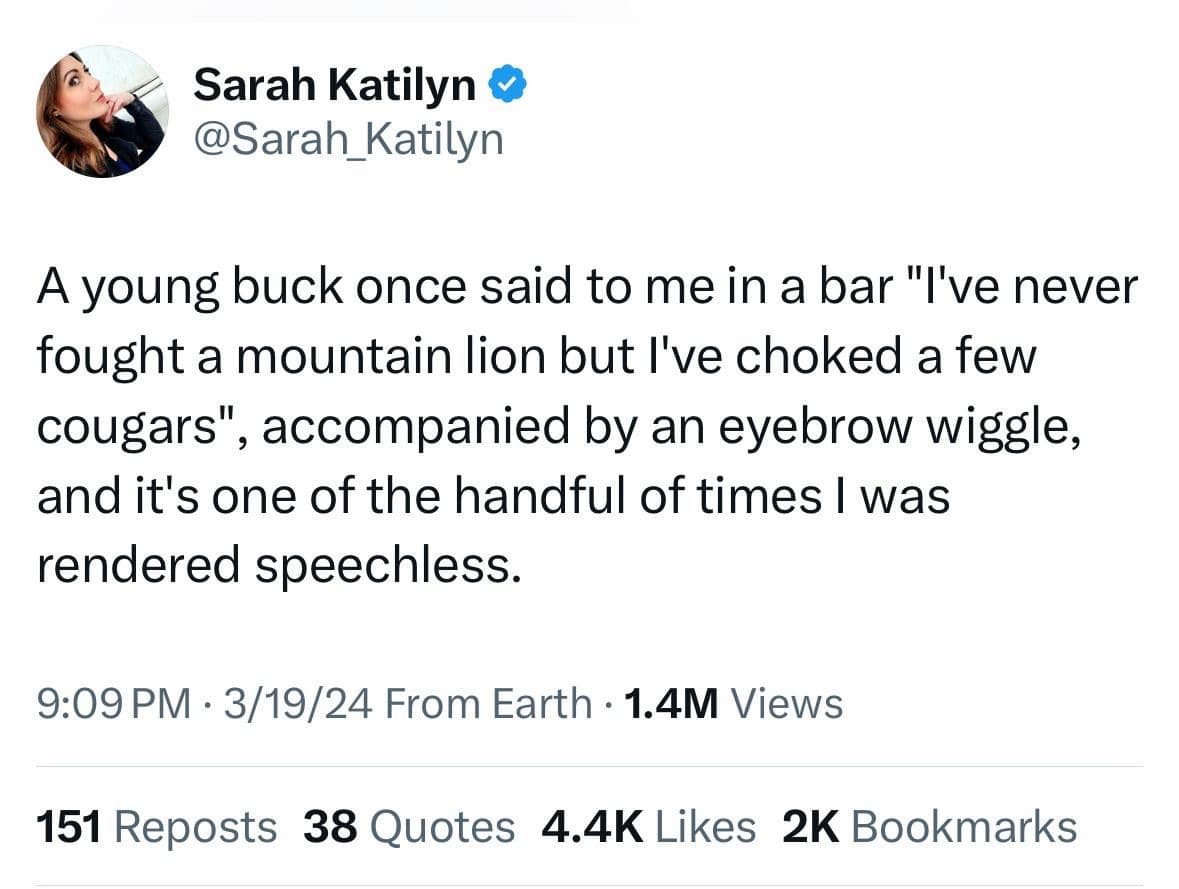 A social media post recounts a bar encounter that feels like an old meme waiting to happen. A younger man tried to hit on a woman by saying he’s never fought a mountain lion but has choked a few cougars, leaving her completely speechless.