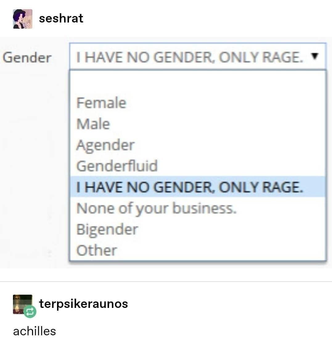 A classic meme showcasing a digital gender selection drop-down menu. Amidst standard options like "Agender" and "Genderfluid," the highlighted selection is "I HAVE NO GENDER, ONLY RAGE." A Tumblr-style comment at the bottom adds: "achilles."