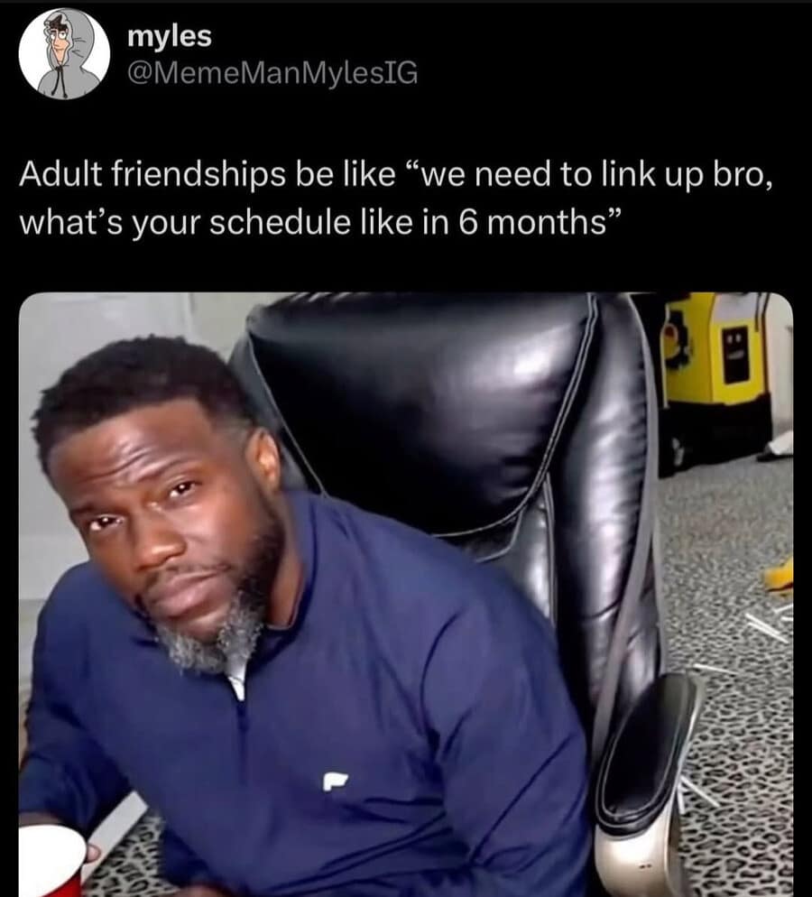 A relatable internet meme about the logistics of aging. Kevin Hart is shown looking skeptical and tired under the caption: "Adult friendships be like 'we need to link up bro, what’s your schedule like in 6 months'".