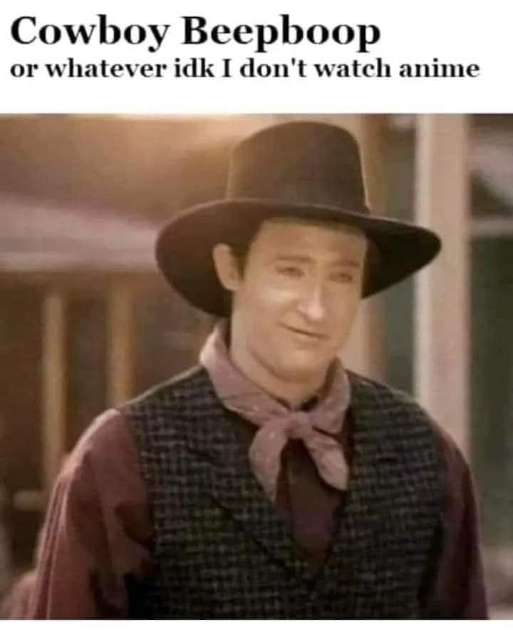 A "wrong answers only" internet meme featuring Data from Star Trek: The Next Generation in a cowboy hat. The caption labels him "Cowboy Beepboop," mocking people who don't watch anime (specifically Cowboy Bebop).
