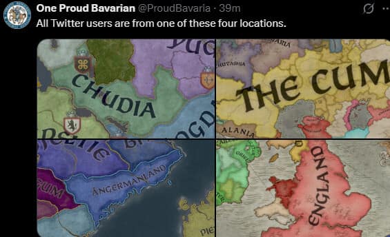 A satirical classic meme tweet from "One Proud Bavarian" claiming all Twitter users come from one of four fictionalized map locations: "Chudia," "The C*m," "Angermanland," and "England."