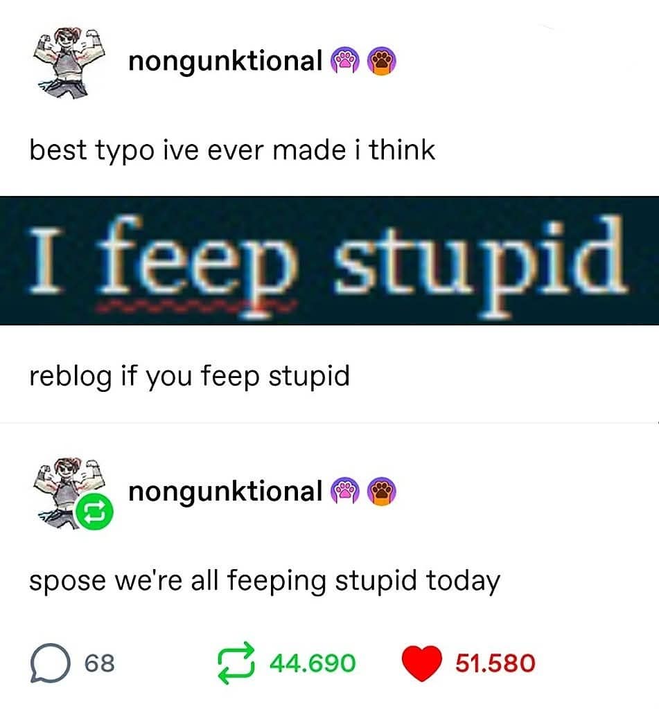 wholesome classic meme showcasing the legendary "I feep stupid" typo. The original post and its subsequent reblog ("spose we're all feeping stupid today") celebrate the unique camaraderie found in shared internet illiteracy.