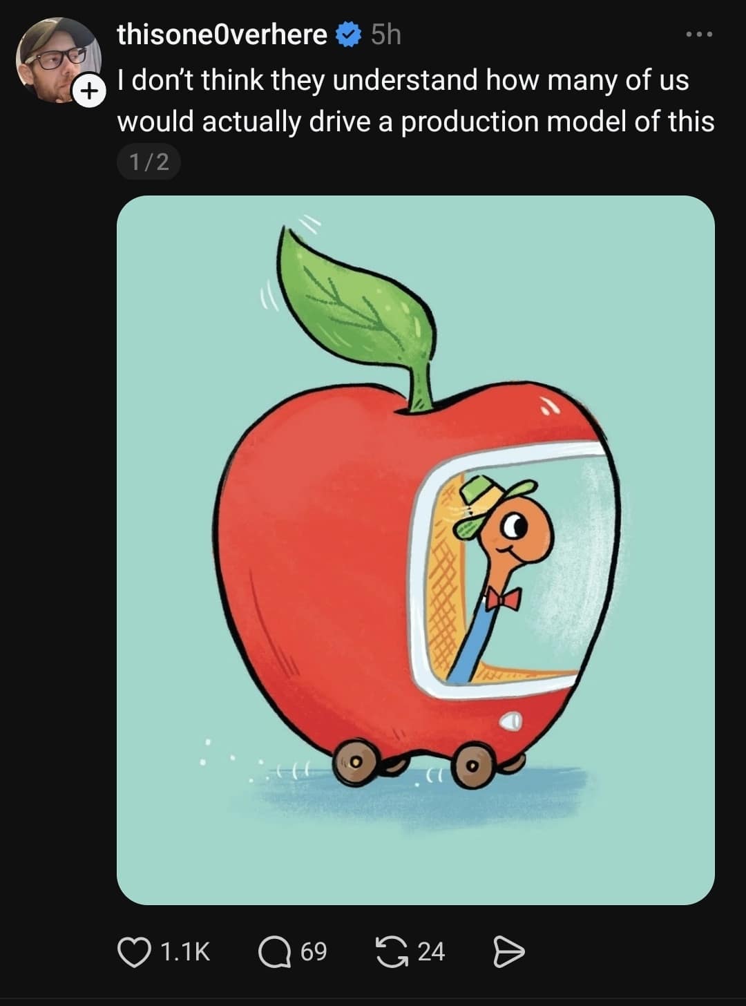 A nostalgic classic meme post featuring a colorful illustration of Lowly Worm from Richard Scarry's children's books driving his iconic red apple car. The caption argues that a surprisingly high number of adults would actually drive a production model of the fruit-shaped vehicle.