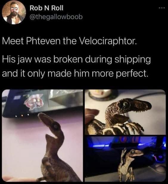 A classic meme tweet from Rob N Roll showing three photos of a small dinosaur figurine named Phteven the Velociraptor. The figure’s jaw was broken during shipping, giving it a hilarious, wide-eyed underbite that resembles a famous internet dog.