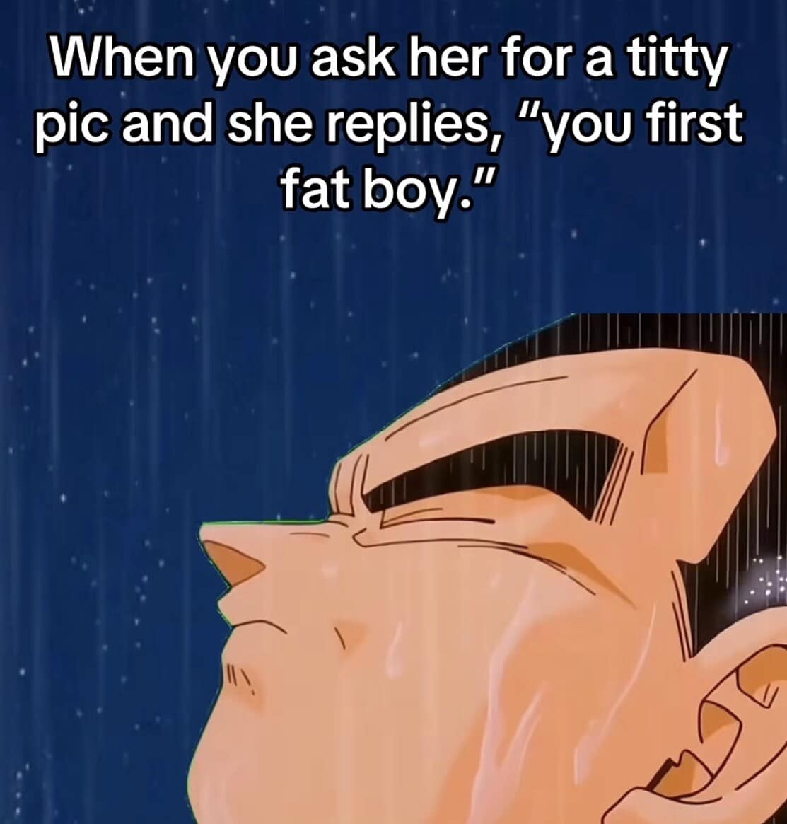 A devastating "rejection" internet meme featuring Vegeta from Dragon Ball Z standing in the pouring rain. The text describes a self-own: asking for a photo and receiving the reply, "you first fat boy," capturing a moment of peak emotional damage.