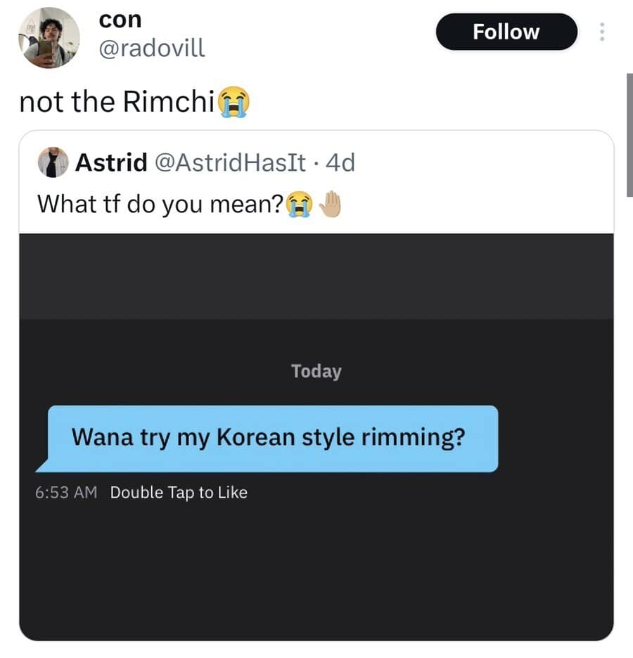 Cringe-inducing classic meme screenshot of an accidental text message. A user asks "Wana try my Korean style rimming?" (presumably meaning Kimchi), leading to a viral "not the Rimchi" reaction.
