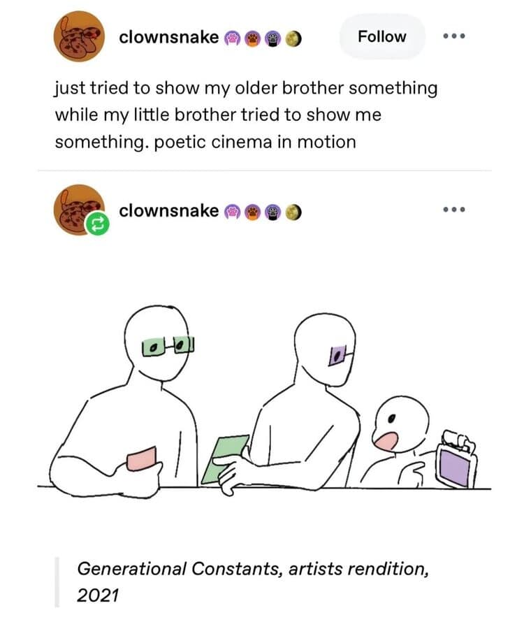 minimalist line drawing titled "Generational Constants, artists rendition, 2021." It depicts an older brother, a narrator, and a little brother all holding screens and trying to show each other something simultaneously, capturing the essence of modern family time.